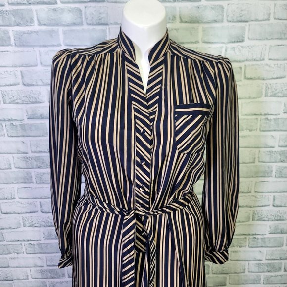 Vintage 70s Schrader Sport‎ Womens L Tan Navy Striped Long Sleeve Shirt Dress - Picture 3 of 11